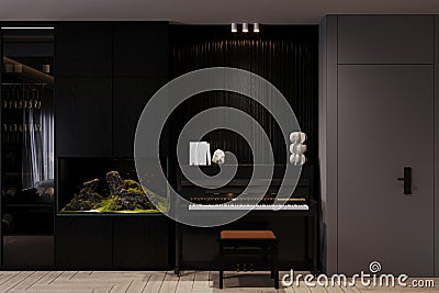 Create a musical point along with a piano in the living room, beside the aquarium Stock Photo