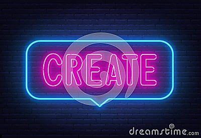 Create neon sign in the speech bubble on brick wall background. Vector Illustration