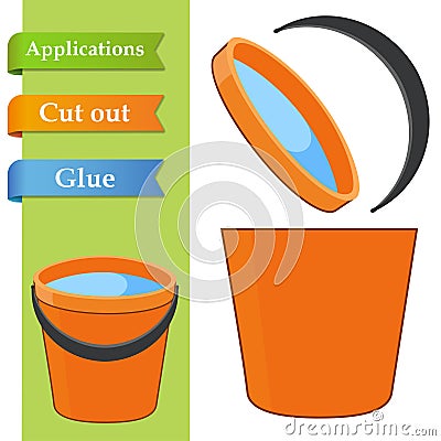 Create paper application the cartoon buckets of water. Use scissor cut parts of plastic pail and glue on the paper. Easy level. Vector Illustration