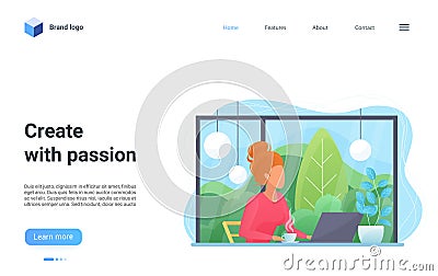 Create with passion concept landing page, creator woman working and creating content Vector Illustration