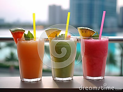 a photo of three juice drinks, watermelon juice, mango juice, and pineapple juice, each in a transparent glass with a straw.Genera Stock Photo