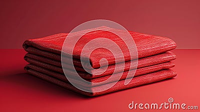 Create a photorealistic image of a stack of four neatly folded red towels on a red table against a red background. The towels Stock Photo