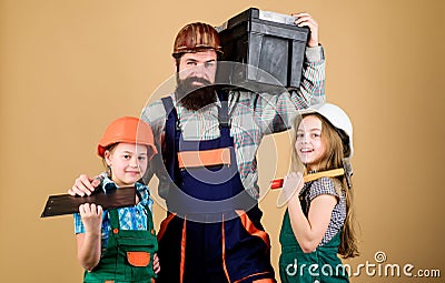 Create room you really want live. Follow father. Father builder kids girls. Teach daughter. Informal education. Fathers Stock Photo