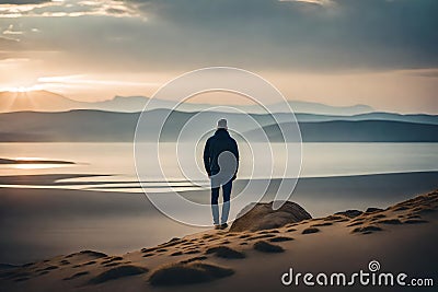 A serene photograph capturing the essence of mindfulness through a solitary figure amidst a vast expanse of simplicity Stock Photo