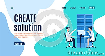Create solution landing page, man and woman in uniform working on computers teamwork presentation idea, analysis Vector Illustration