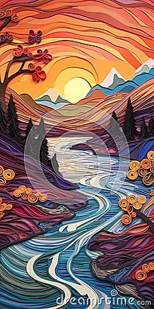 Create A Surreal Paper Quilling Painting Of A Cascading River At Sunset In The Alps Stock Photo