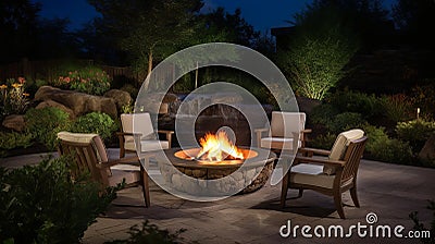 Inviting Outdoor Patio: Comfortable Seating, Fire Pit, and Abundant Landscaping, Stock Photo