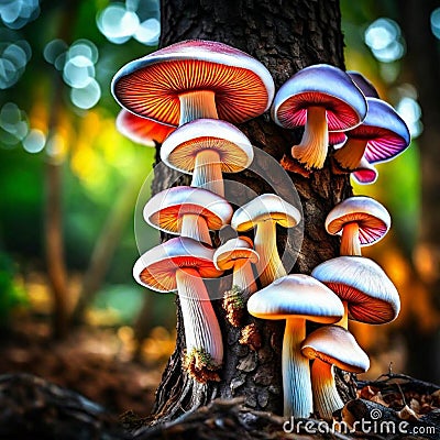 Create Variant Expand Image open Publish Close up beautiful bunch mushrooms color light in the tree background texture. Stock Photo