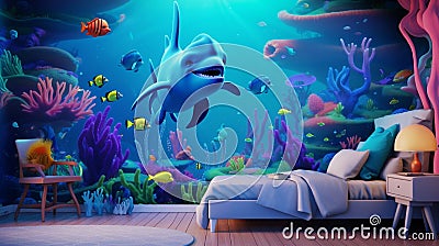 n underwater world teeming with friendly dolphins, colorful Stock Photo