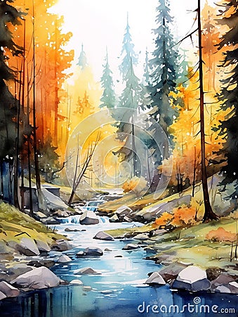 watercolor illustration of peaceful forest river Stock Photo