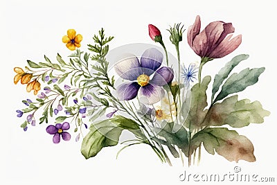 Summertime Cute Garden Spring Flower Watercolor. Watercolor Painting. Stock Photo