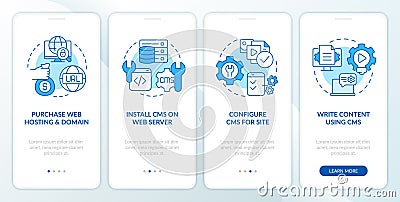 Create website with CMS platform blue onboarding mobile app screen Stock Photo
