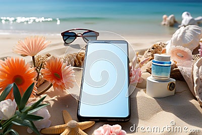 Create your message on a smartphone's blank screen amidst beach accessories Stock Photo