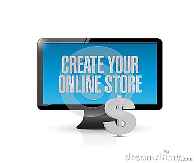 create your online store message on computer Cartoon Illustration