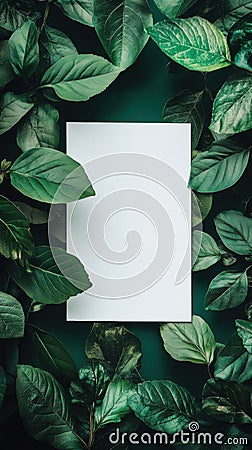 Create your own message with a blank paper surrounded by vibrant green leaves. Generative AI Stock Photo