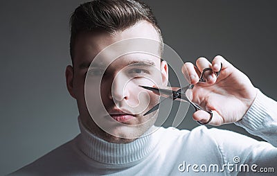 Create your style. Macho confident barber cut hair. Barbershop service concept. Professional barber equipment. Cut hair Stock Photo