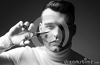 Create your style. Macho confident barber cut hair. Barbershop service concept. Professional barber equipment. Cut hair Stock Photo
