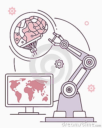 created by AI:Robotic Manipulator Analyzing Data with Computer Screen Vector Illustration