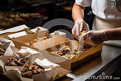 A baker packaging freshly baked goods in an artisan bakery, showcasing the final product with beautiful packaging. Generative AI Stock Photo