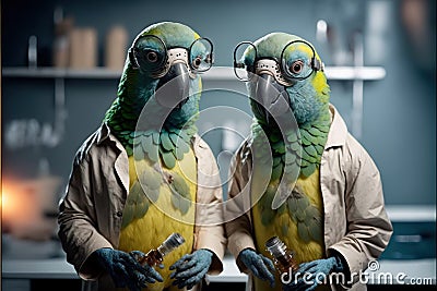 Created with Generative AI technology. Animal birds parrots scientist making tests in lab inventing Stock Photo
