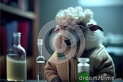 Created with Generative AI technology. Animal sheep scientist making tests in lab inventing Stock Photo