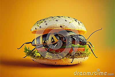 Created with Generative AI technology. Bug in a hamburger. Food rish in protein. Stock Photo