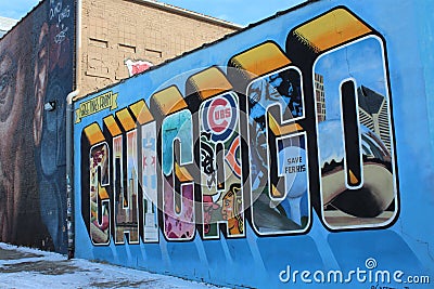 Greetings from Chicago Mural in Winter in Chicago Illinois USA Editorial Stock Photo