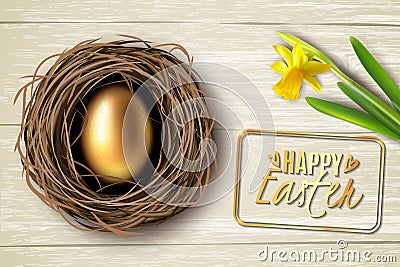Created in realism egg in the nest on the background of a wooden table Vector Illustration
