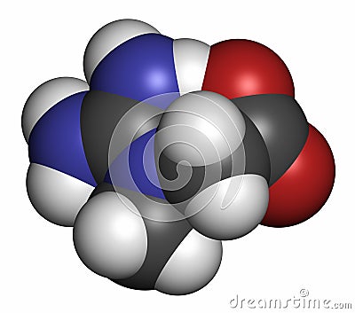 Creatine molecule. Often used in food supplements. 3D rendering. Atoms are represented as spheres with conventional color coding: Stock Photo