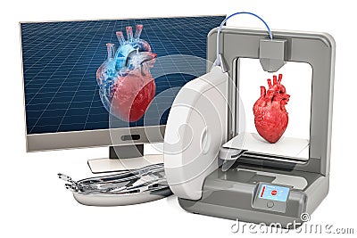 Creating artificial heart on three dimensional printer, 3d printing in medicine concept. 3D rendering Stock Photo