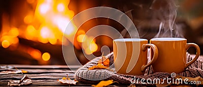 Creating A Cozy Autumn Ambience With Coffee Mugs And A Crackling Fireplace Stock Photo
