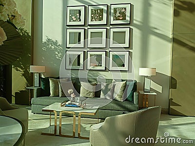 A Cozy Haven: Unveiling the Perfect Blend of Style and Comfort in this Captivating Living Room Setting Stock Photo
