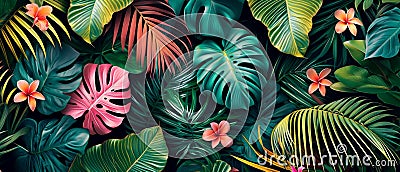 Creating A Fresh Floral Pattern, Tropical Leaves Enrich The Lush Background Stock Photo