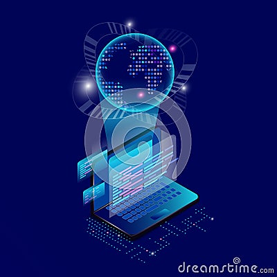 Creating a mobile interface on a laptop screen. Placement of planet earth on display devices. Conceptual banner of web Vector Illustration