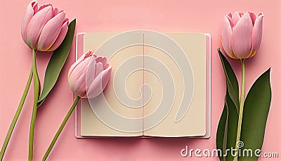 Creating a Powerful and Zen Notebook Layout: Best Practices for Interconnecting Tulips, Pens, and Avatars in a Pink Surface Stock Photo