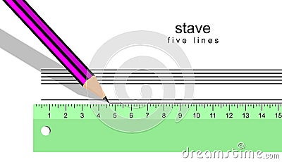 A pencil and ruler, making the five lines of the stave. Illustration, reenactment of musical writing creation. Stock Photo