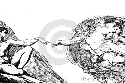 The creation of Adam detail by Michelangelo in the vintage book the History of Arts by Gnedych P.P., 1885 Stock Photo
