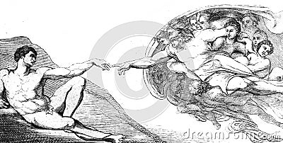 The creation of Adam by Michelangelo in the vintage book the History of Arts by Gnedych P.P., 1885 Stock Photo