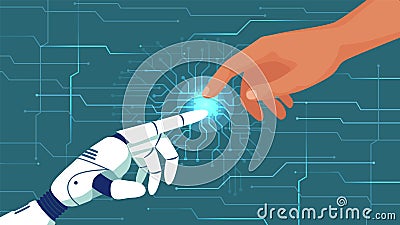 Creation of artificial intelligence. Humans and robots cooperation, AI give hand. Bionic arm with touch gesture vector Vector Illustration