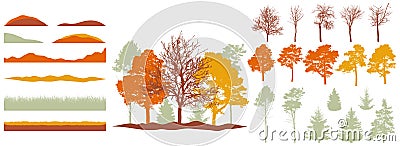 Creation of autumn beautiful park, forest, landscape, woodland, collection of design element. Constructor kit. Silhouettes of bare Vector Illustration