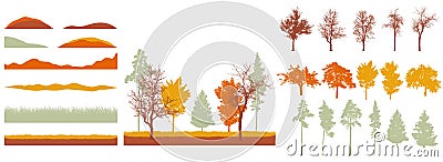 Creation of autumn beautiful park, forest, landscape, woodland, collection of design element. Constructor kit. Silhouettes of bare Vector Illustration