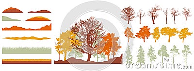 Creation of autumn beautiful park, forest, landscape, woodland, collection of design element. Constructor kit. Silhouettes of bare Vector Illustration