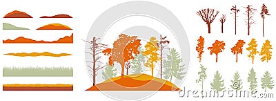 Creation of autumn beautiful park, forest, landscape, woodland, collection of design element. Constructor kit. Silhouettes of bare Vector Illustration