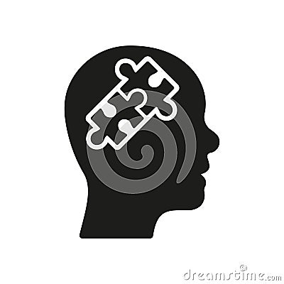 Creation Idea, Person's Brain and Jigsaw Pieces Glyph Pictogram. Puzzle in Human Head Solution Concept Silhouette Vector Illustration