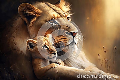 The Creation of Motherly Love between Wild and Lovely Lions. Generative AI Stock Photo
