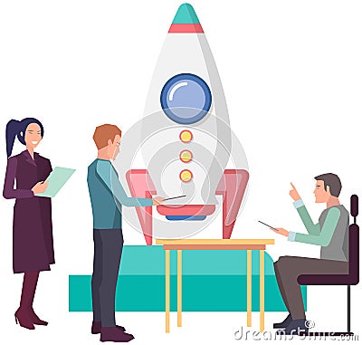 Creation of new startup with rocket launch. People work with development of successful strategy Vector Illustration
