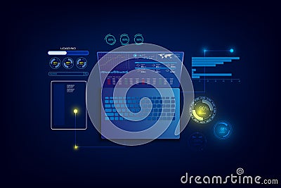 Creation responsive internet website for multiple platforms. Building mobile interface on screen of laptop, vector illustration Vector Illustration