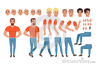 Creation set of young man, constructor for animation. Full length character. Body parts, face emotions, haircuts and Vector Illustration