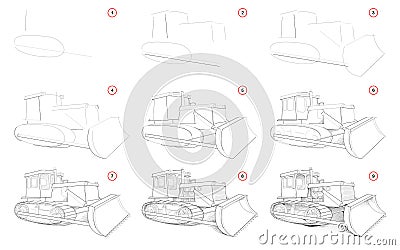 Creation step by step pencil drawing. Page shows how to learn draw sketch of powerful tractor with blade for clearing ground. Vector Illustration