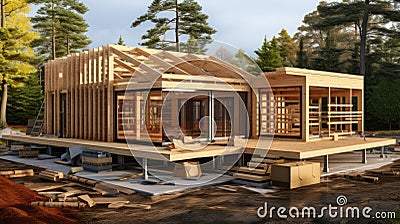 The Creation of Timber Frame Modular Homes. Generative AI Stock Photo